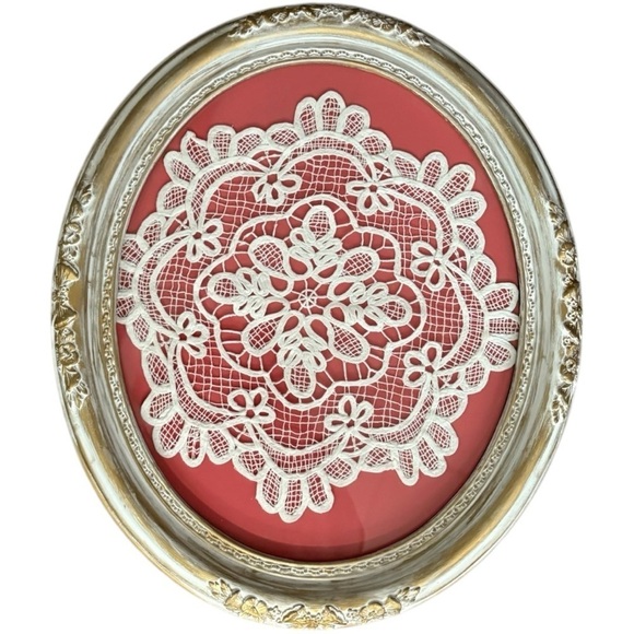 Vintage Oval Frame Wall Art - Lace Doily on Pink Background - Picture 1 of 8